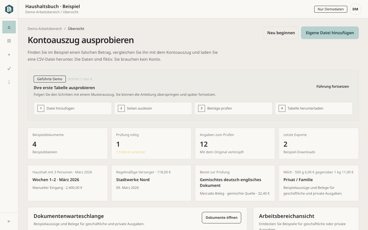 Rahunko Übersicht der Haushaltsdokumente mit Kassenbon, Rechnung und Kontoauszug