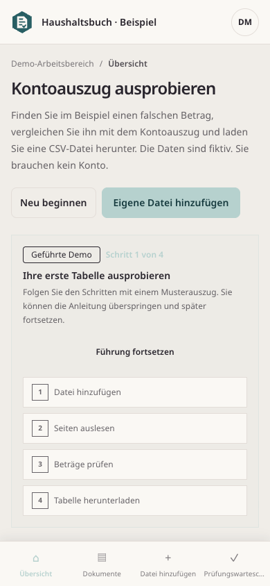 Rahunko Übersicht der Haushaltsdokumente mit Kassenbon, Rechnung und Kontoauszug — mobile