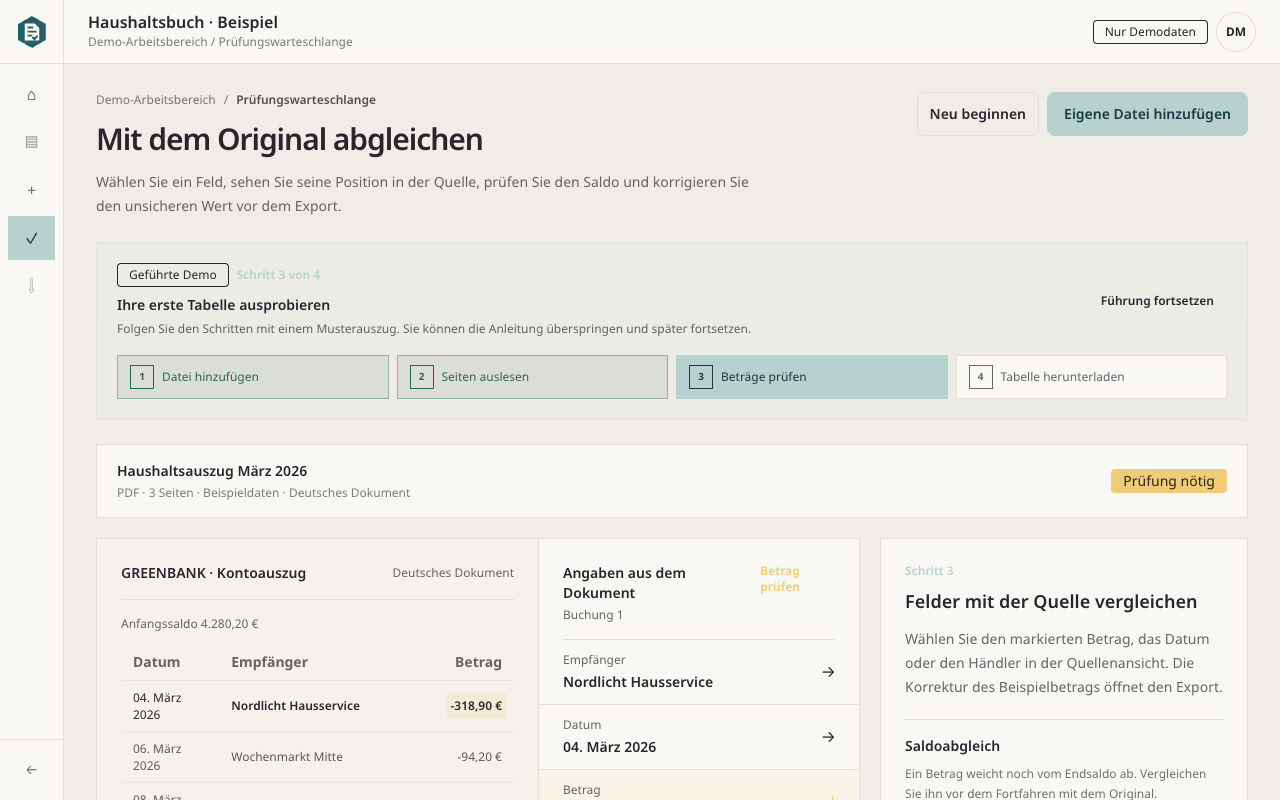 Rahunko Quellenprüfung mit markierter Kontoauszugszeile und unsicherem Betrag — desktop