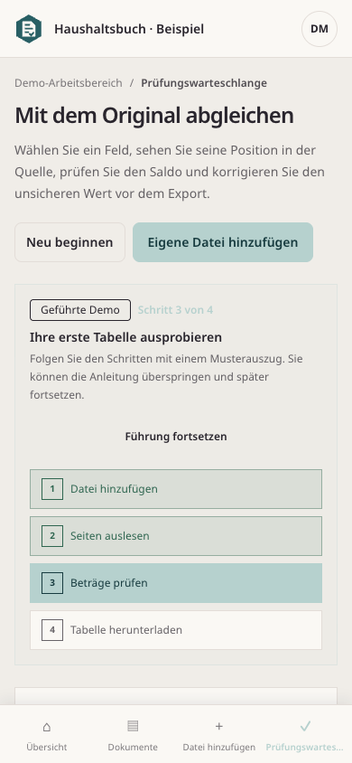 Rahunko Quellenprüfung mit markierter Kontoauszugszeile und unsicherem Betrag — mobile