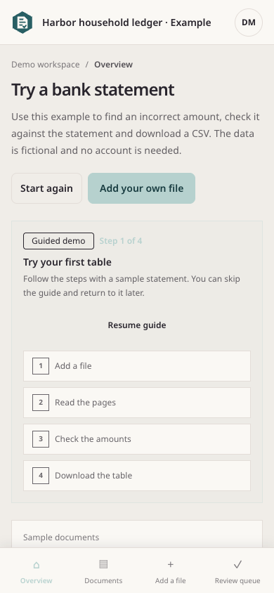 Rahunko household document overview with a receipt, invoice and statement example — mobile