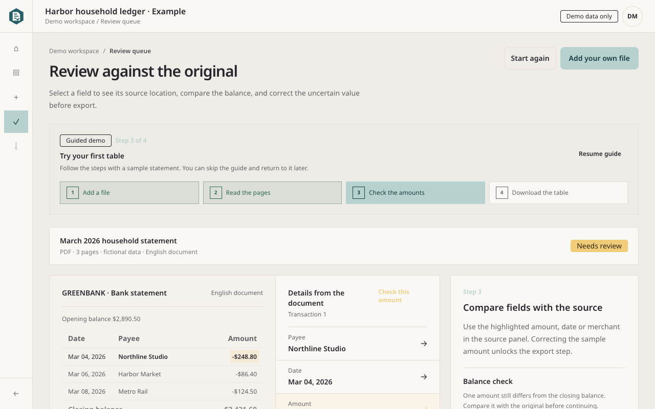Rahunko source review with a highlighted statement line and an uncertain amount — desktop