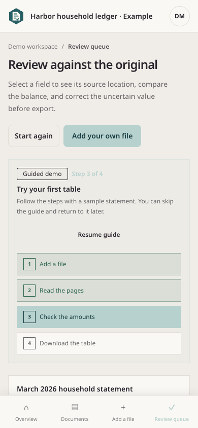 Rahunko source review with a highlighted statement line and an uncertain amount — mobile