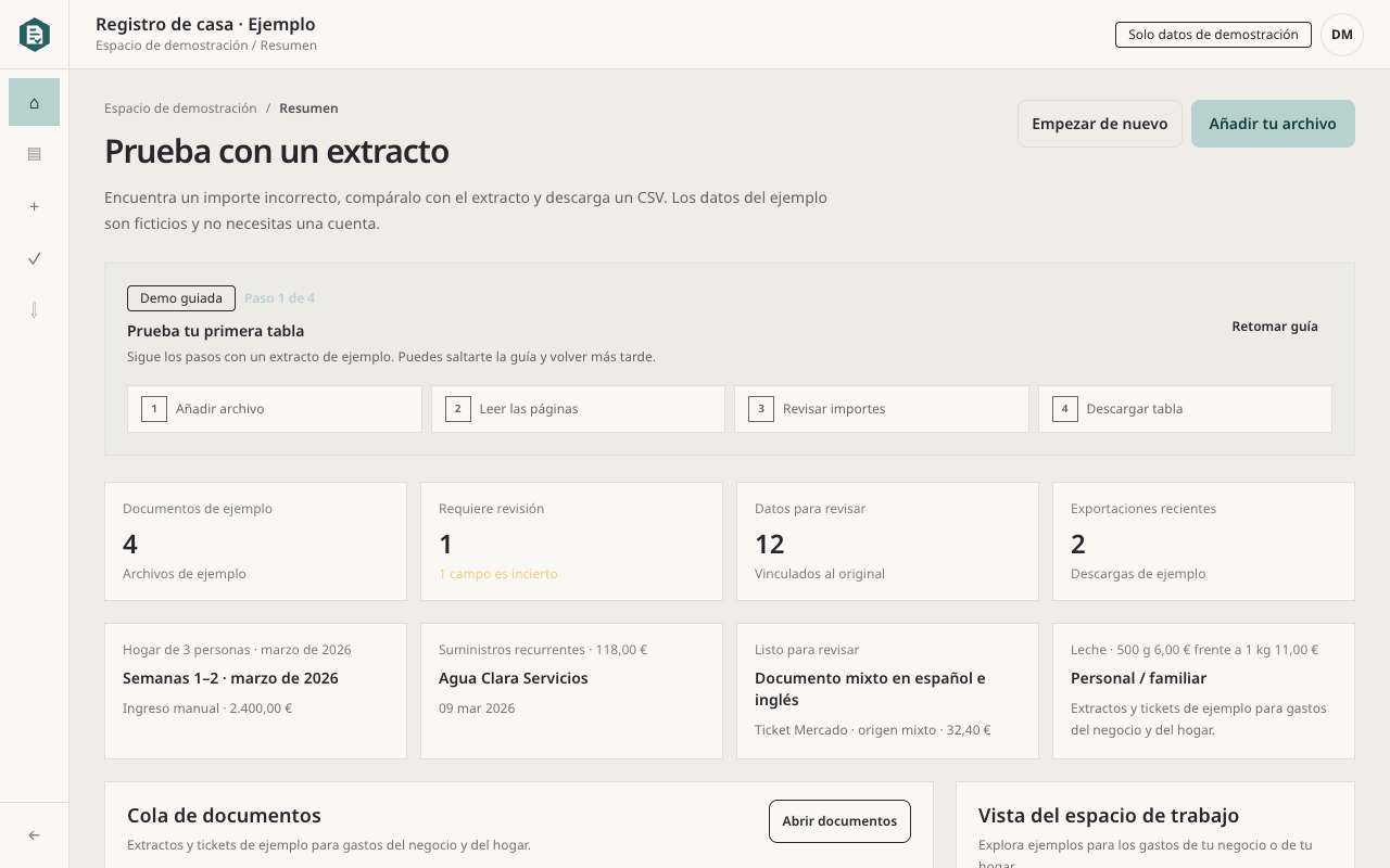 Resumen de documentos del hogar en Rahunko con ticket, factura y extracto — desktop