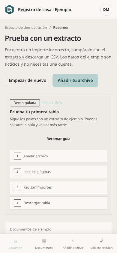Resumen de documentos del hogar en Rahunko con ticket, factura y extracto — mobile