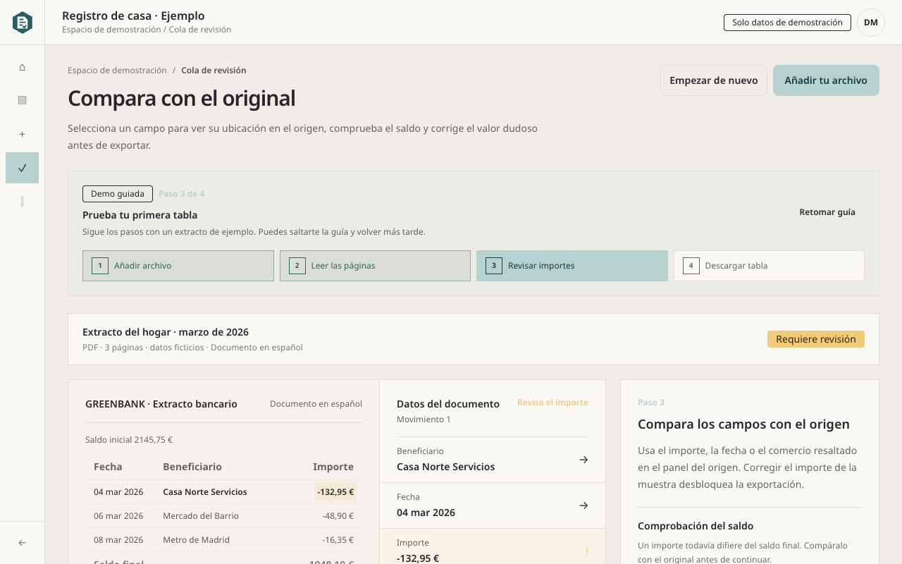 Revisión del origen en Rahunko con una línea del extracto destacada y un importe pendiente — desktop