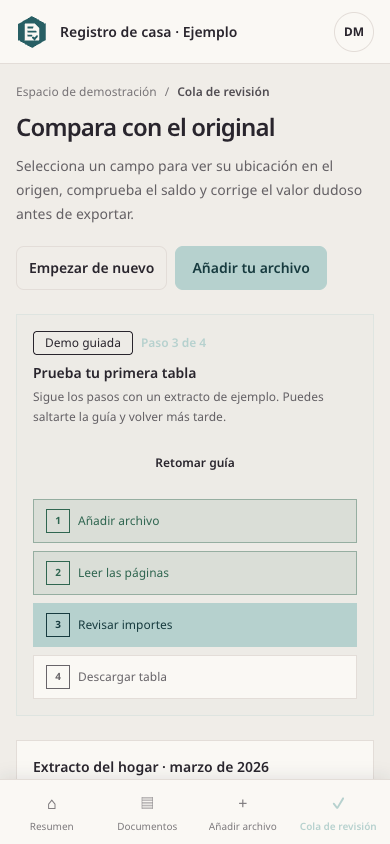 Revisión del origen en Rahunko con una línea del extracto destacada y un importe pendiente — mobile